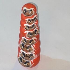 Daruma Doll Kokeshi Playful Red Orange Stacked Cat Figurines Wooden Art Japanese